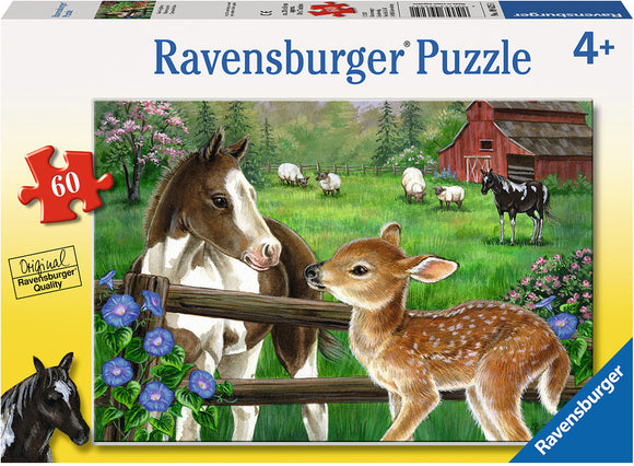 The New Neighbors jigsaw puzzle by Ravensburger features a serene rural scene with two horses, a fawn, and various farm animals in a lush green field, surrounded by blooming flowers and a barn in the background. This 60-piece puzzle is designed for ages 4 and up, emphasizing quality and vibrant artwork.