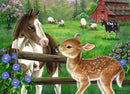 A vibrant jigsaw puzzle image titled 'New Neighbors' depicting a serene farm scene. A brown and white horse gazes at a spotted deer near a wooden fence, with blooming flowers in the foreground and a rustic barn in the background, surrounded by lush green fields and grazing sheep.