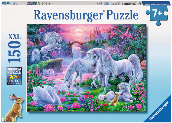Unicorns in the Sunset Glow jigsaw puzzle by Ravensburger featuring a stunning scene with three white unicorns in a lush, colorful landscape. Surrounded by vibrant flowers, a waterfall, and playful animals, this 150-piece puzzle offers a magical and immersive experience for ages 7 and up.