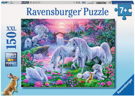 Ravensburger jigsaw puzzle titled 'Unicorns in the Sunset Glow'. The image features majestic unicorns near a serene pond surrounded by vibrant flowers and lush greenery, with a waterfall and a distant castle. An adorable rabbit and swans add a whimsical touch to the enchanting scene.