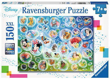 Ravensburger Jigsaw Puzzle 'Bubbles' with 150 XXL pieces featuring beloved Disney characters like Mickey Mouse, Cinderella, Ariel, and more, all depicted within colorful bubbles. The puzzle is designed for ages 7 and up, showcasing vibrant illustrations perfect for family fun and creativity.