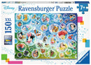 Ravensburger jigsaw puzzle titled 'Bubbles' featuring 150 oversized pieces. The puzzle showcases beloved Disney characters like Mickey Mouse, Ariel, and Cinderella, each in colorful bubbles against a vibrant background. Ideal for ages 7 and up, it promotes creativity and problem-solving skills.