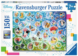 Ravensburger jigsaw puzzle titled 'Bubbles' featuring 150 oversized pieces. The puzzle showcases beloved Disney characters like Mickey Mouse, Ariel, and Cinderella, each in colorful bubbles against a vibrant background. Ideal for ages 7 and up, it promotes creativity and problem-solving skills.