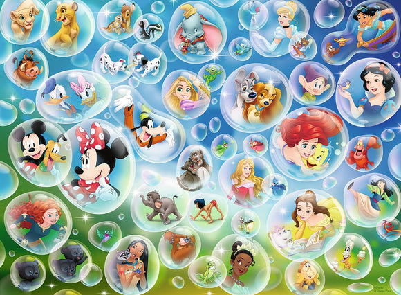A colorful jigsaw puzzle featuring beloved Disney characters such as Mickey Mouse, Cinderella, and Ariel, each encased in bubbles against a vibrant blue and green background. The puzzle displays a whimsical scene that invites creativity and nostalgia, appealing to fans of all ages.