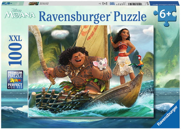 A 100-piece jigsaw puzzle featuring Moana and Maui from Disney's Moana. The vibrant illustration shows Moana standing confidently on a boat with Maui and his pet pig. Surrounded by lush green mountains and ocean waves, this puzzle promises hours of fun for ages 6 and up.