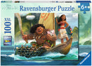 Moana and Maui 100-piece jigsaw puzzle by Ravensburger featuring the beloved characters from Disney's Moana on a boat adventure, suitable for ages 6 and up. The vibrant artwork displays Moana, Maui, and their animal companions against a scenic ocean backdrop.