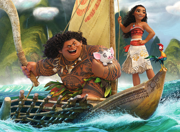 A vibrant jigsaw puzzle featuring Moana and Maui, two beloved characters from Disney's animated movie. The puzzle showcases Moana in her traditional attire, standing confidently on a boat, while Maui, the demigod, smiles as he holds a fishing spear. Accompanying them are a pig and a colorful bird, set against a backdrop of lush green mountains and ocean waves.