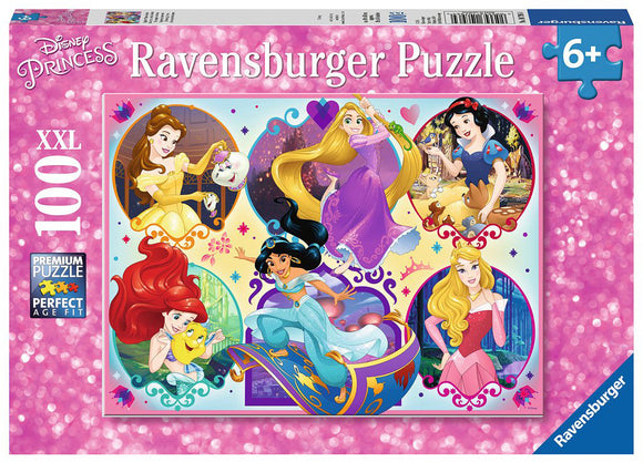 Ravensburger Be Strong, Be You Jigsaw Puzzle featuring Disney Princesses. The colorful design showcases beloved characters like Ariel, Belle, Jasmine, and more in vibrant scenes, ideal for ages 6 and up.