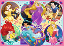 A colorful jigsaw puzzle featuring iconic Disney princesses including Belle, Rapunzel, Snow White, Jasmine, Ariel, and Aurora. Each character is depicted in a vibrant setting, surrounded by magical elements and motifs relevant to their stories.
