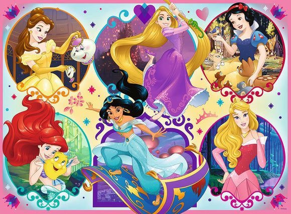 A colorful jigsaw puzzle featuring iconic Disney princesses including Belle, Rapunzel, Snow White, Jasmine, Ariel, and Aurora. Each character is depicted in a vibrant setting, surrounded by magical elements and motifs relevant to their stories.
