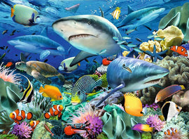 A vibrant jigsaw puzzle titled 'Shark Reef' by Ravensburger, showcasing an underwater scene filled with various species of sharks, colorful tropical fish, a turtle, corals, and other marine life. The artwork captures the beauty of the ocean, emphasizing the interaction of diverse sea creatures amidst a lively coral reef.