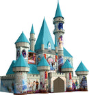 A vibrant jigsaw puzzle featuring a majestic Frozen Castle, adorned with turrets and colorful illustrations of beloved characters. The castle showcases scenes from a magical ice kingdom, enhancing the enchanting atmosphere, perfect for puzzle enthusiasts of all ages.