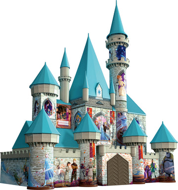 A vibrant jigsaw puzzle featuring a majestic Frozen Castle, adorned with turrets and colorful illustrations of beloved characters. The castle showcases scenes from a magical ice kingdom, enhancing the enchanting atmosphere, perfect for puzzle enthusiasts of all ages.