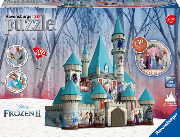 A 3D jigsaw puzzle of the Frozen Castle from Disney's Frozen II, featuring vibrant colors and intricate details. The castle stands tall with multiple turquoise towers, adorned with characters from the Frozen movies. The puzzle contains 216 pieces and includes accessories for added play. It's designed for ages 12 and up.