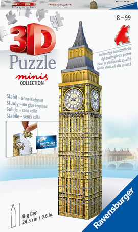 Mini Big Ben 3D jigsaw puzzle featuring 54 high-quality plastic pieces. Designed by Ravensburger, this puzzle represents the iconic clock tower and is suitable for ages 8 to 99. The structure measures 24.3 cm (9.6 in) tall and can be assembled without glue, thanks to its EasyClick technology that ensures a secure fit.