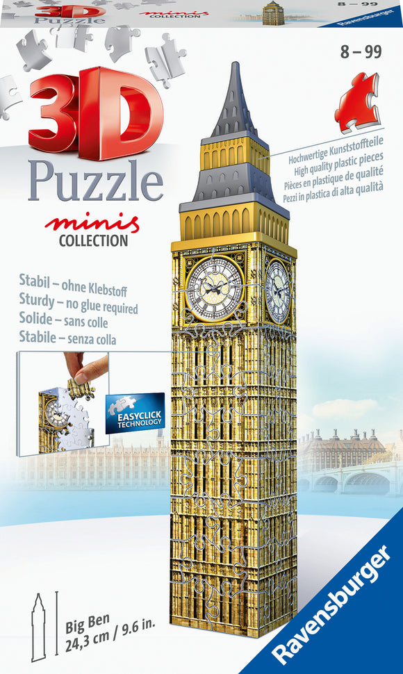 Mini Big Ben 3D jigsaw puzzle featuring 54 high-quality plastic pieces. Designed by Ravensburger, this puzzle represents the iconic clock tower and is suitable for ages 8 to 99. The structure measures 24.3 cm (9.6 in) tall and can be assembled without glue, thanks to its EasyClick technology that ensures a secure fit.