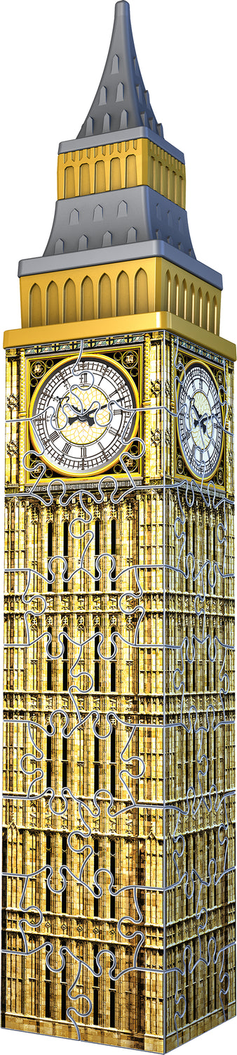 A vibrant 3D jigsaw puzzle of Mini Big Ben featuring 54 intricately designed pieces. The completed puzzle showcases the iconic clock tower with detailed architecture in gold and blue tones, capturing its landmark elegance.