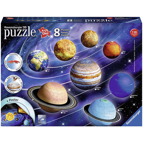 Ravensburger 3D Solar System jigsaw puzzle featuring eight colorful planet models including Earth, Mars, Jupiter, and Saturn. The puzzle comes with a poster and is suitable for ages 7 and up. Ideal for space enthusiasts and educational play.