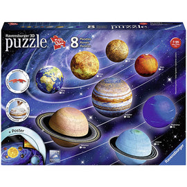 Ravensburger 3D Solar System jigsaw puzzle featuring eight colorful planet models including Earth, Mars, Jupiter, and Saturn. The puzzle comes with a poster and is suitable for ages 7 and up. Ideal for space enthusiasts and educational play.