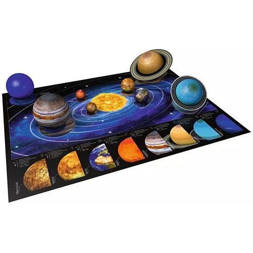 3D Solar System jigsaw puzzle by Ravensburger featuring three-dimensional representations of planets and the Sun on a cosmic background, with detailed images of each planet below.