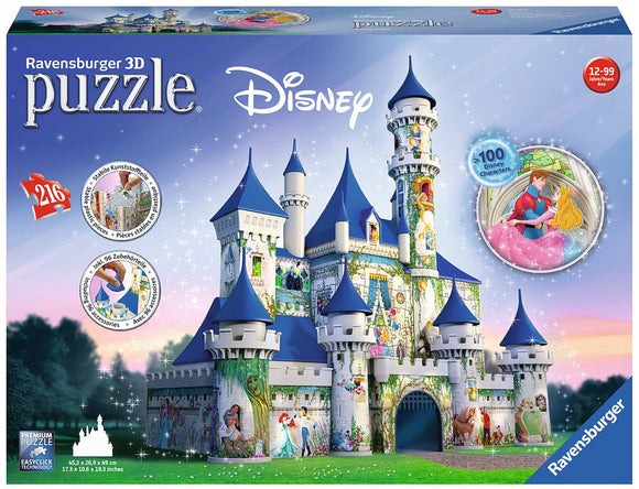A closed box of the Disney Castle 3D jigsaw puzzle by Ravensburger. The packaging features a vibrant illustration of a whimsical castle decorated with scenes of classic Disney characters. It includes details such as the number of pieces (216), intended age range (12 to 99 years), and highlights that the puzzle contains 100 Disney characters. The box shows the lush green surroundings of the castle in a dreamy setting.
