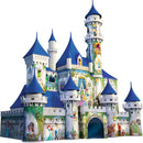 A colorful jigsaw puzzle featuring a beautiful Disney Castle, adorned with blue towers and vibrant illustrations of Disney characters like Ariel, Cinderella, and others. The castle is surrounded by lush greenery and whimsical details, inviting Disney fans to immerse themselves in magical creativity.