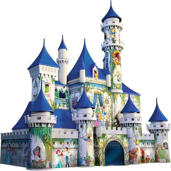 A colorful jigsaw puzzle featuring a beautiful Disney Castle, adorned with blue towers and vibrant illustrations of Disney characters like Ariel, Cinderella, and others. The castle is surrounded by lush greenery and whimsical details, inviting Disney fans to immerse themselves in magical creativity.