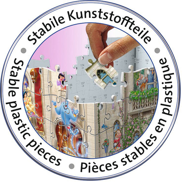 A close-up view of a hand placing a jigsaw puzzle piece into a Disney Castle themed jigsaw puzzle by Ravensburger. The puzzle shows vibrant images of Disney characters, with plastic pieces designed for stability.