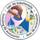 A hand is placing a blue accessory on a Disney Castle jigsaw puzzle created by Ravensburger. The puzzle features various components and a vibrant castle design, emphasizing creativity and fun. It includes 96 accessories for enhanced play.