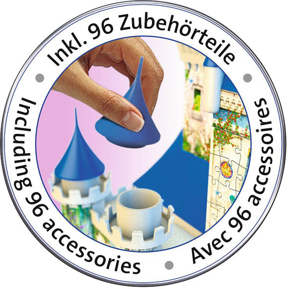 A hand is placing a blue accessory on a Disney Castle jigsaw puzzle created by Ravensburger. The puzzle features various components and a vibrant castle design, emphasizing creativity and fun. It includes 96 accessories for enhanced play.