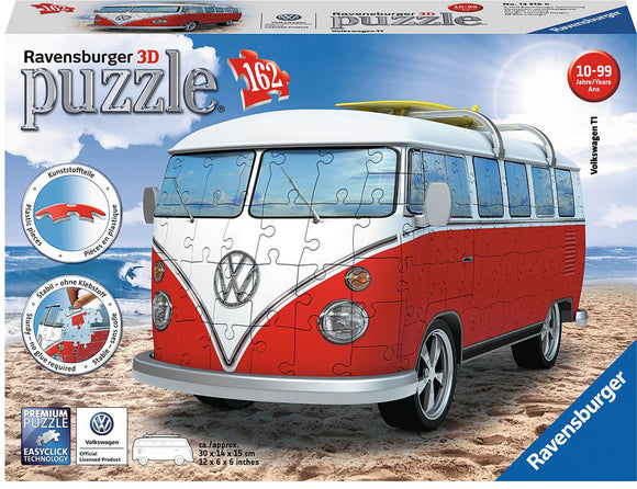Ravensburger 3D puzzle featuring a classic Volkswagen Bus T1, with a vibrant red and white design. The puzzle showcases intricate details of the iconic vehicle against a beach backdrop, perfect for ages 10 to 99. The kit contains 162 plastic pieces designed for a sturdy assembly without glue, measuring approximately 30 x 14 x 15 cm.