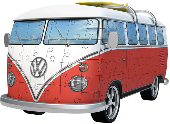 A Ravensburger jigsaw puzzle featuring a vintage VW Bus T1. The puzzle showcases the iconic red and white color scheme of the vehicle, with detailed features including the round headlights and the Volkswagen logo prominently displayed. The bus is parked against a backdrop of blue skies, inviting a sense of nostalgia and adventure.