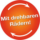 A colorful promotional badge for the Ravensburger VW Bus T1 jigsaw puzzle, featuring the text 'Mit drehbaren Rädern!' which translates to 'With rotating wheels!' The badge has a bright orange background with bold white letters.