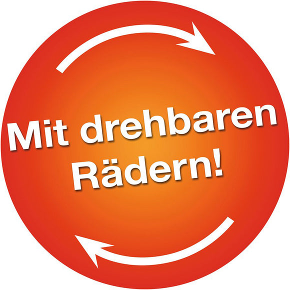 A colorful promotional badge for the Ravensburger VW Bus T1 jigsaw puzzle, featuring the text 'Mit drehbaren Rädern!' which translates to 'With rotating wheels!' The badge has a bright orange background with bold white letters.