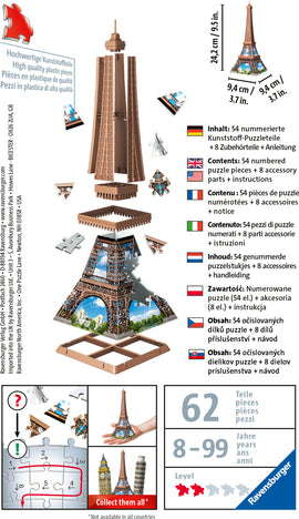 Mini Eiffel Tower 3D jigsaw puzzle by Ravensburger featuring 54 numbered plastic pieces. The completed puzzle showcases a beautiful representation of the Eiffel Tower with an intricate design, accessible for ages 8 to 99. Includes 8 accessory parts for added detail and creativity.
