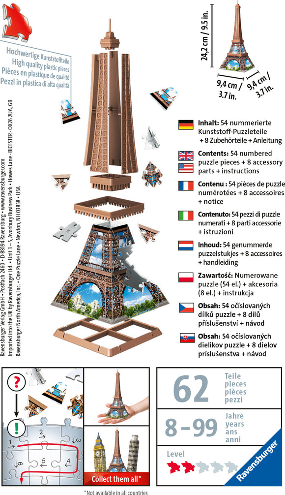 Mini Eiffel Tower 3D jigsaw puzzle by Ravensburger featuring 54 numbered plastic pieces. The completed puzzle showcases a beautiful representation of the Eiffel Tower with an intricate design, accessible for ages 8 to 99. Includes 8 accessory parts for added detail and creativity.