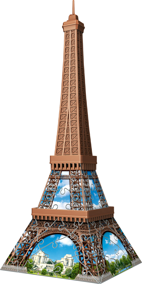 A 3D jigsaw puzzle of the Eiffel Tower featuring 54 colorful pieces. The puzzle showcases intricate architectural details and vibrant scenery at the base, highlighting the beauty of Paris. Ideal for puzzle enthusiasts and as a decorative piece once completed.