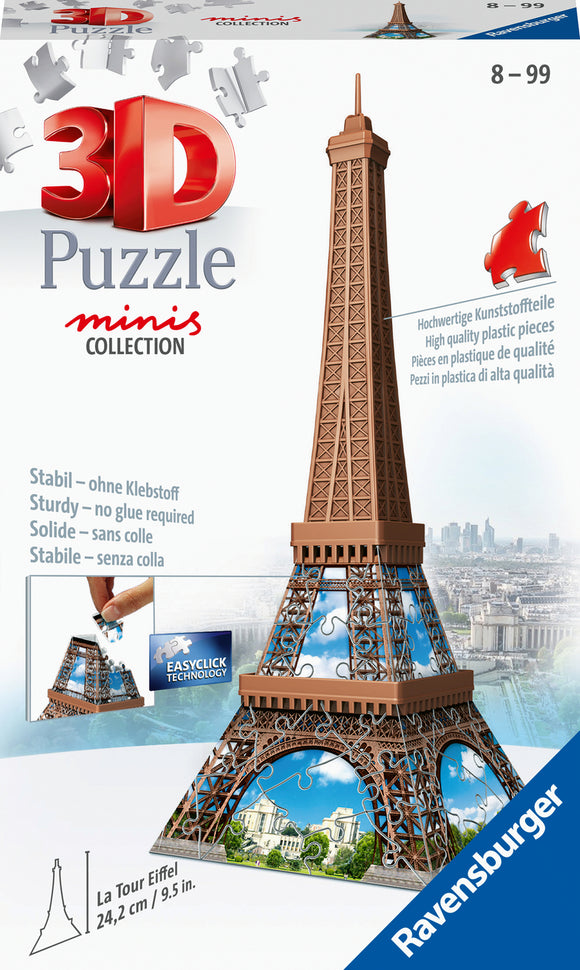 A 3D jigsaw puzzle featuring the Eiffel Tower, made by Ravensburger. The puzzle consists of 54 high-quality plastic pieces that create a detailed model, showcasing the Parisian landmark with vibrant colors. Suitable for ages 8 and up, no glue is required for assembly, and the pieces fit together with Easyclick technology for secure construction.
