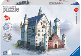 3D jigsaw puzzle of Neuschwanstein Castle by Ravensburger. The puzzle features detailed architecture and vibrant colors, showcasing towers, turrets, and intricate designs. Suitable for ages 12 and up, it contains 216 plastic pieces with easy-click technology for stability without glue.