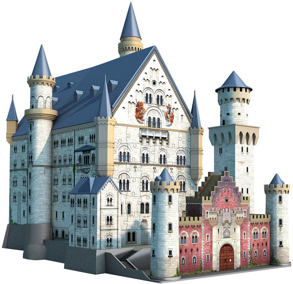 A detailed 3D jigsaw puzzle of Neuschwanstein Castle, featuring intricate architectural elements like towers and turrets, presented in vibrant colors. The puzzle showcases the iconic fairy tale structure with gray and blue roofs, brick accents, and stone walls, making it an engaging and visually appealing challenge for puzzle enthusiasts.