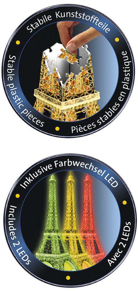 The Eiffel Tower - Night Edition 3D Puzzle by Ravensburger features a beautifully designed jigsaw puzzle made of stable plastic pieces. The puzzle shows the iconic Eiffel Tower illuminated with colorful LED lights, creating a stunning visual effect. It includes two LED lights for vibrant color changes, making it a delightful addition to any puzzle collection.