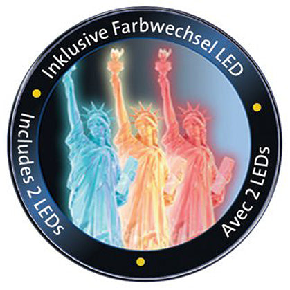 The Statue of Liberty - Night Edit jigsaw puzzle by Ravensburger features a vibrant illustration of the iconic statue, illuminated with colorful LED lights. The design showcases the statue in various shades, providing a stunning night-time effect, perfect for puzzle enthusiasts who appreciate artistic representations. Accompanied by 2 LED lights for added ambiance.