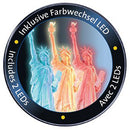 The Statue of Liberty - Night Edit jigsaw puzzle by Ravensburger features a vibrant illustration of the iconic statue, illuminated with colorful LED lights. The design showcases the statue in various shades, providing a stunning night-time effect, perfect for puzzle enthusiasts who appreciate artistic representations. Accompanied by 2 LED lights for added ambiance.