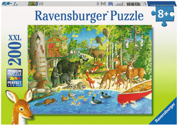 Woodland Friends jigsaw puzzle by Ravensburger featuring a vibrant illustration of various animals including deer, foxes, bears, and birds in a lush forest scene next to a serene lake with a canoe. Designed for ages 8 and up, this puzzle offers 200 pieces that fit perfectly together for an engaging experience.