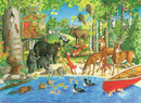 A colorful and detailed jigsaw puzzle featuring various woodland animals including bears, deer, raccoons, and birds near a stream with a red rowboat. The scene is vibrant with trees, a treehouse, and playful critters, perfect for nature lovers.