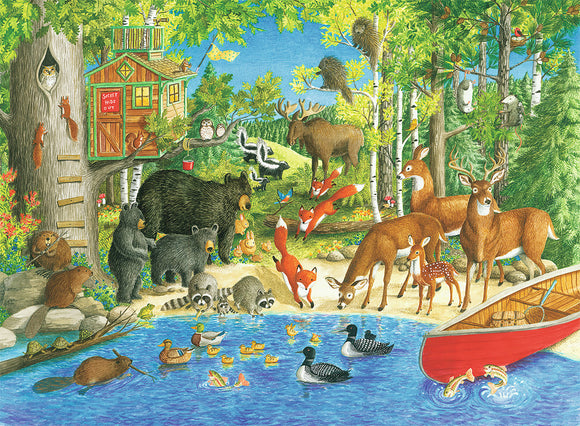 A colorful and detailed jigsaw puzzle featuring various woodland animals including bears, deer, raccoons, and birds near a stream with a red rowboat. The scene is vibrant with trees, a treehouse, and playful critters, perfect for nature lovers.