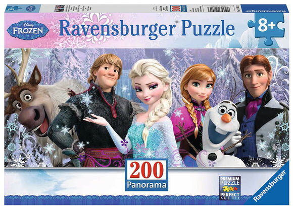 Ravensburger Frozen Friends 200-piece panorama jigsaw puzzle featuring beloved characters from Disney's Frozen, including Elsa, Anna, Kristoff, Hans, Olaf, and Sven. The vibrant image showcases a snowy landscape filled with magical elements, perfect for fans of all ages.