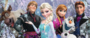 Ravensburger Frozen Friends 200 pc Panorama jigsaw puzzle featuring characters from Disney's Frozen, including Elsa, Anna, Kristoff, Olaf, and Sven surrounded by a snowy landscape with sparkling snowflakes.