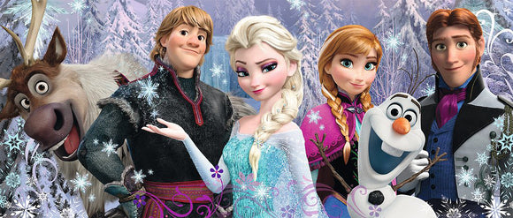 Ravensburger Frozen Friends 200 pc Panorama jigsaw puzzle featuring characters from Disney's Frozen, including Elsa, Anna, Kristoff, Olaf, and Sven surrounded by a snowy landscape with sparkling snowflakes.
