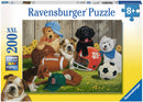 A colorful jigsaw puzzle featuring a playful scene with various cute dogs engaging with sports equipment, including a football, soccer ball, and baseball glove. The background includes flowers and wooden fence elements, creating a cheerful and vibrant atmosphere. Ideal for puzzle enthusiasts aged 8 and up.